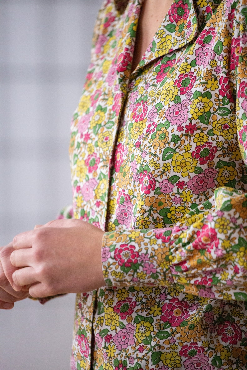 Vintage 1960s Floral Blouse in Pink, Yellow & Green for Women Buttoned Open Collar Puff Sleeve Colourful Flower Pattern Top NVS1041 image 3