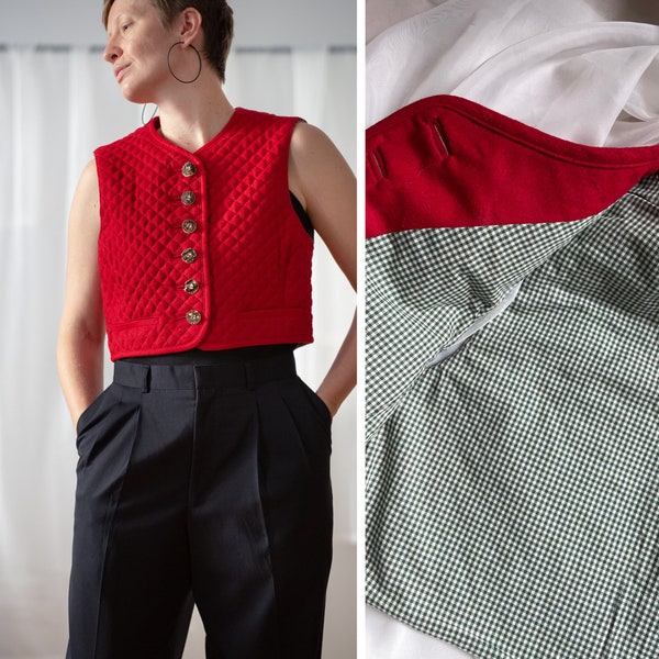 Vintage 100% Wool Quilted Waistcoat in Red for Women | Size M | Buttoned Cropped Folk Vest with Green Gingham Check Lining NVS888