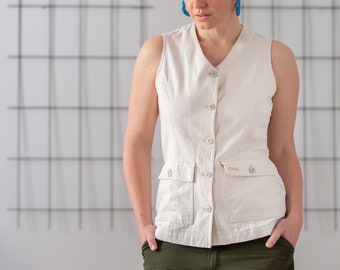 トップス 40S French Hand finished Vest French Vintage Linen Vest Top: Light Beige Cotton Summer