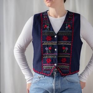 Vintage Wool Blend Waistcoat in Navy Blue with Colourful Floral Embroidery for Women | Size L | Boho Buttoned Embroidered Vest NVS1524