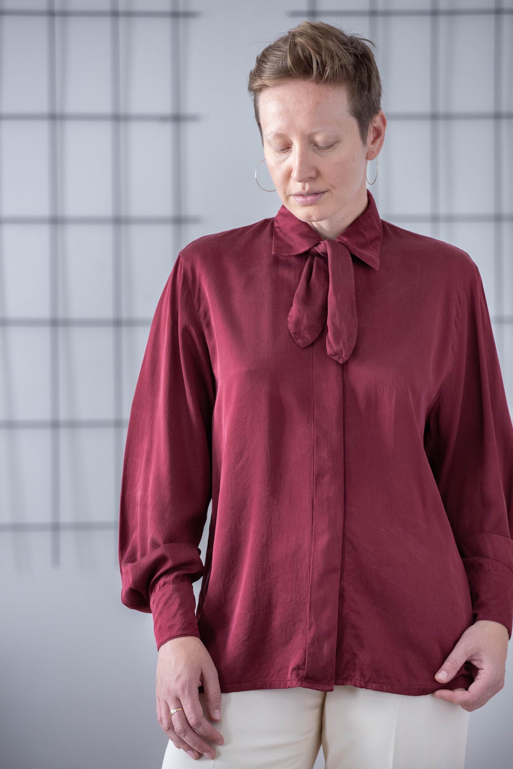 トップス vintage rework Burgundy blouse shirt top Kacey Satin Button Up Top | Burgundy
