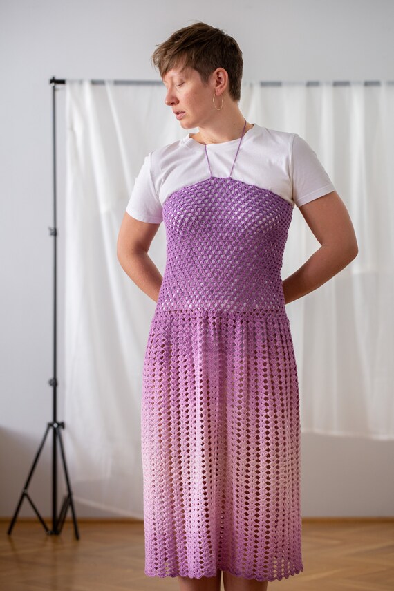 Vintage Hand Crochet Midi Dress in Ombre Lilac fo… - image 3