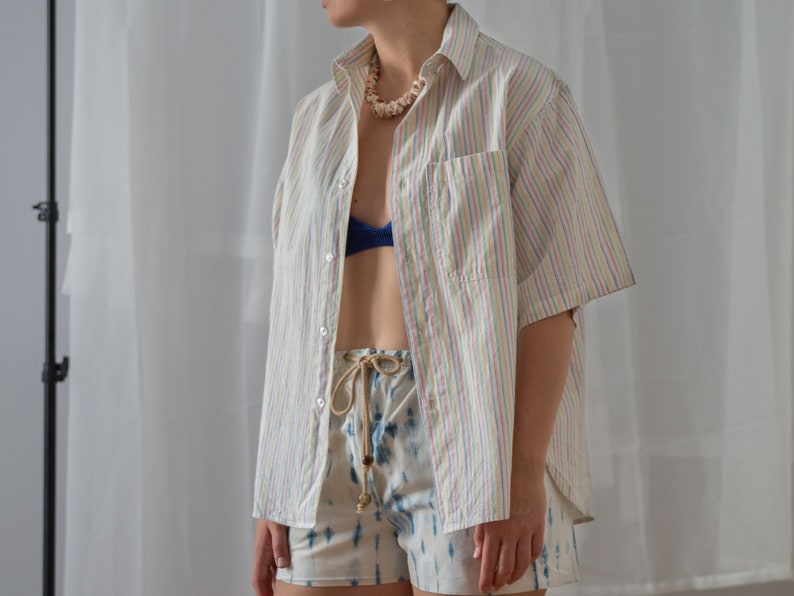 Vintage Striped Button Down Cotton Shirt for Men Size S M Oversized White & Rainbow Short Sleeve Shirt. Gender Neutral Clothing NVS192 image 2