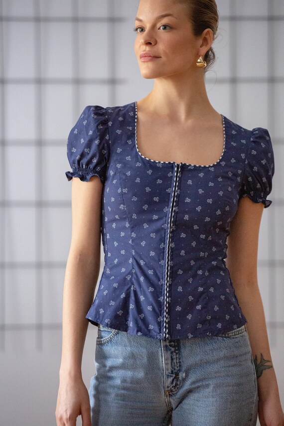 Vintage Puff Sleeve Folk Blouse in Mid Blue with W