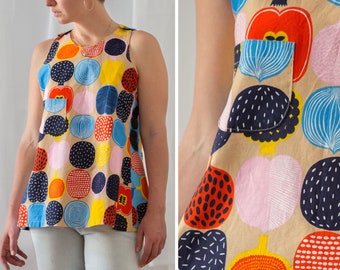 Vintage Abstract Fruit Print Top Made From Marimekko Fabric | Size S | Colourful Sleeveless Top for Women. A Line Cotton Summer Top NVS345