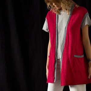 Vintage Soft Wool Angora Sweater Vest in Berry Red for Women Size S M Longline Fine Knit Open Waistcoat with Contrast Grey Trim NVS090 image 1