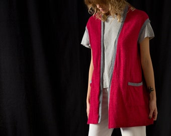 Vintage Soft Wool Angora Sweater Vest in Berry Red for Women | Size S - M | Longline Fine Knit Open Waistcoat with Contrast Grey Trim NVS090