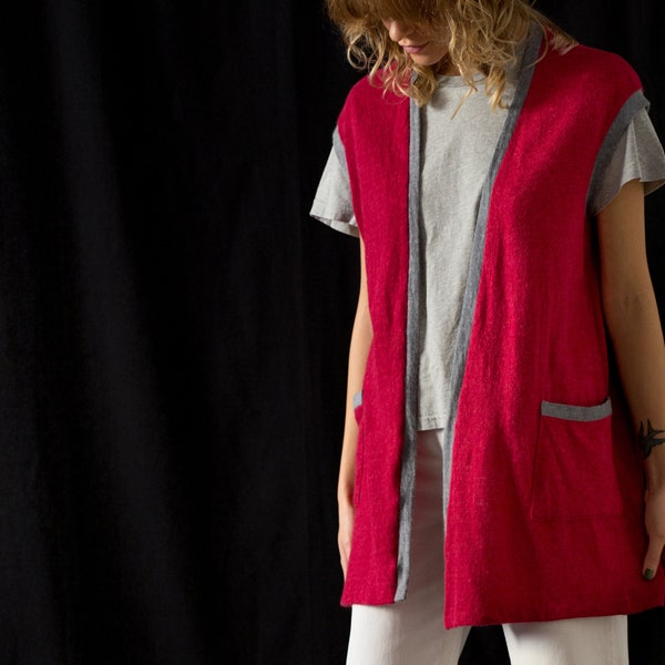 Vintage Soft Wool Angora Sweater Vest in Berry Red for Women | Size S - M | Longline Fine Knit Open Waistcoat with Contrast Grey Trim NVS090