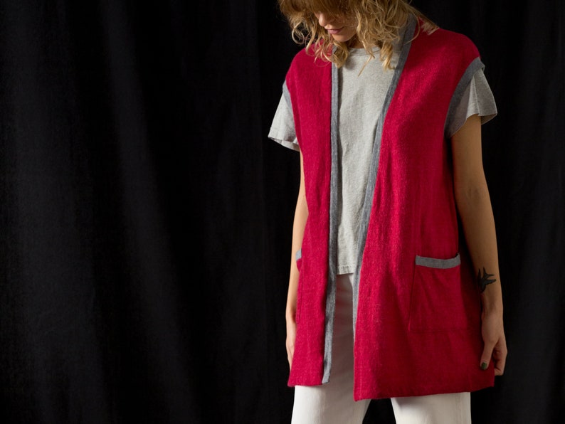 Vintage Soft Wool Angora Sweater Vest in Berry Red for Women Size S M Longline Fine Knit Open Waistcoat with Contrast Grey Trim NVS090 image 1