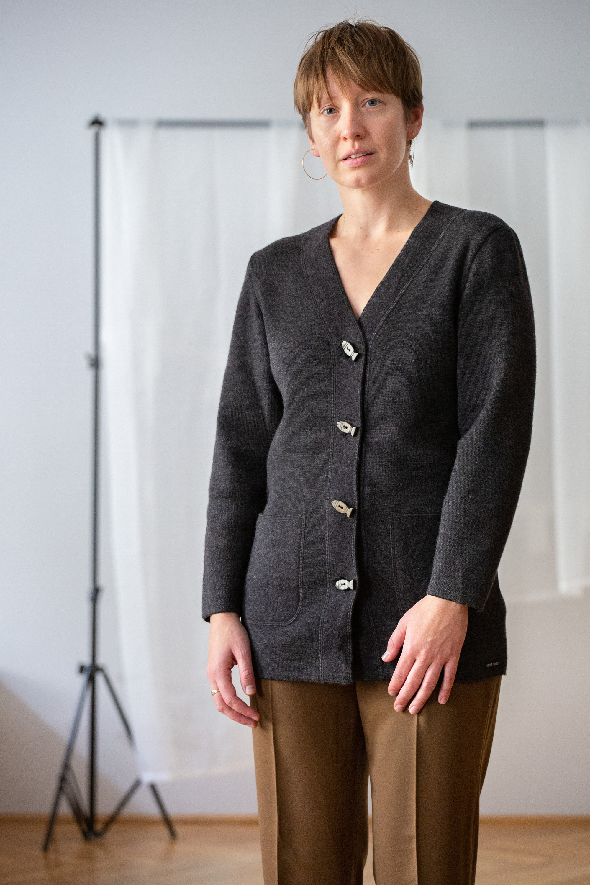 Vintage Saint James Wool Cardigan: Dark Grey V-neck Sweater