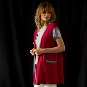 Vintage Soft Wool Angora Sweater Vest in Berry Red for Women Size S M Longline Fine Knit Open Waistcoat with Contrast Grey Trim NVS090 image 6