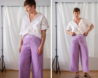 Vintage High Waist Mesh Trousers in Lilac for Women | Size M | Wide Leg Cropped Flowy Textured Pants with Pockets in Lavender NVS790