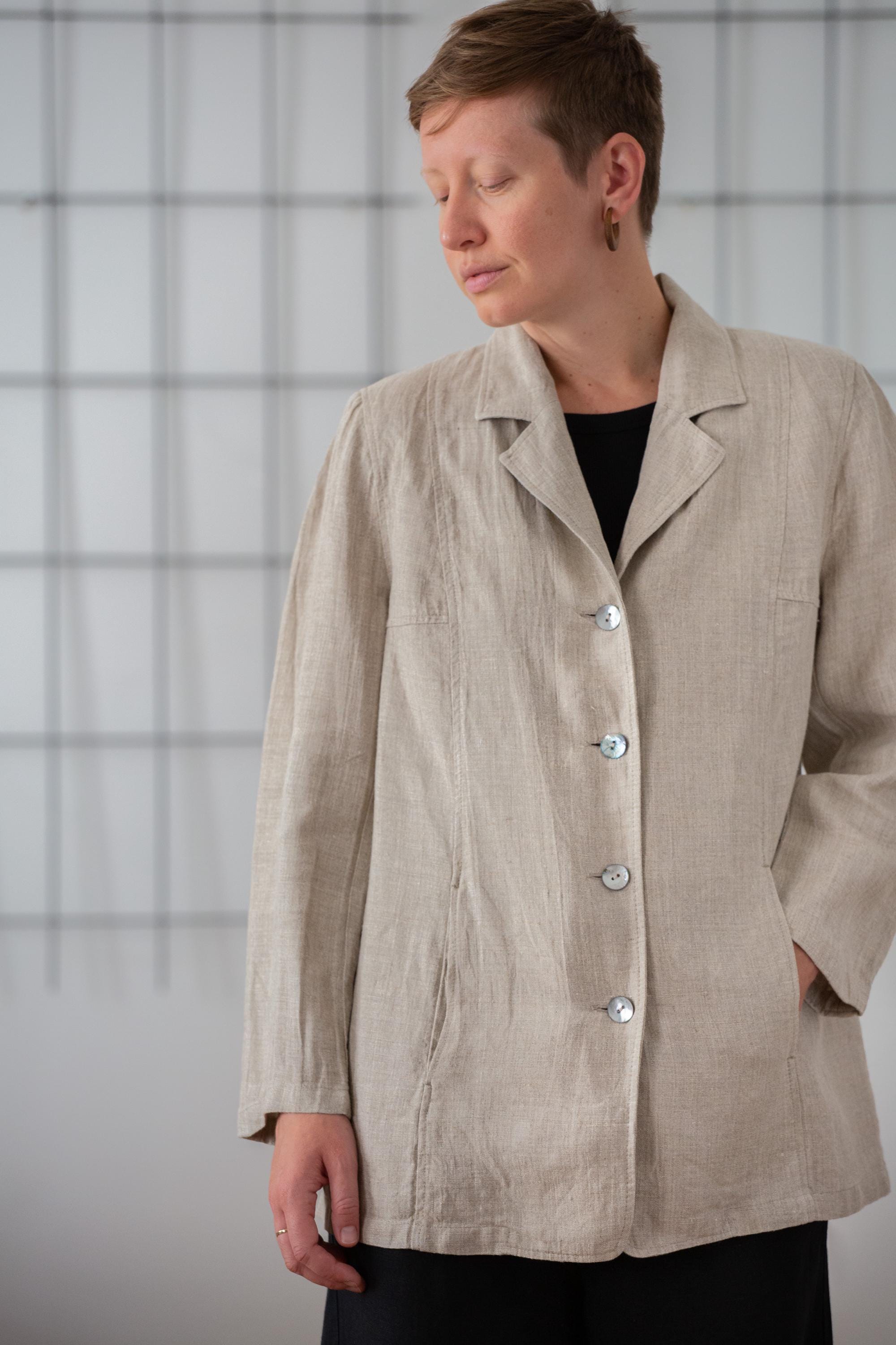 ジャケット・アウター 80s 90s EURO linen tailored jacket beige Vintage Linen Blazer: Beige Single Breasted Longline Jacket (size