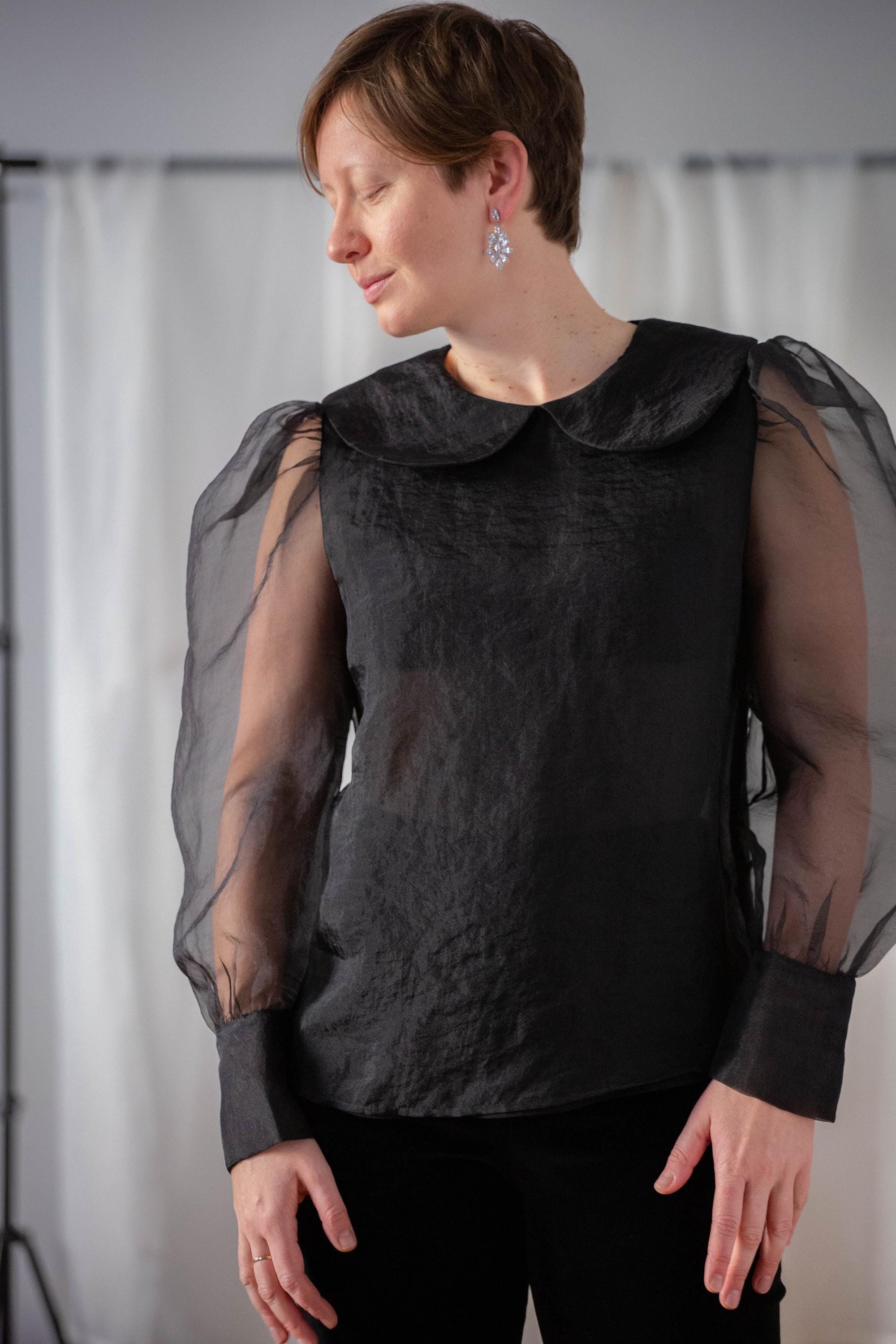 Vintage Tulle Blouse With Puffy Sleeves in Black for Women | Size 