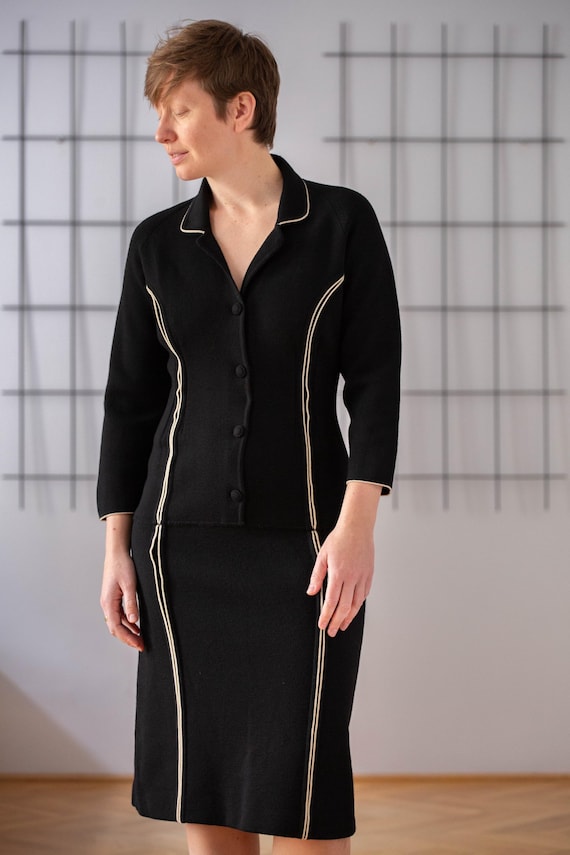 black knit dress with white trim Vintage Pure Wool in for Women | Size M | 3/4 Sleeves Knitted Collared Midi Dress Contrast Trim. Fall Winter Ebay