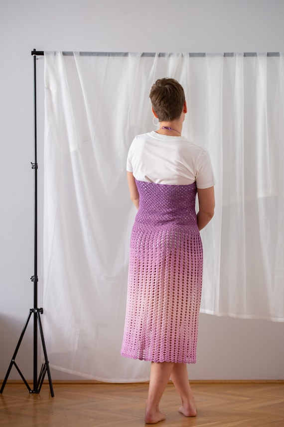 Vintage Hand Crochet Midi Dress in Ombre Lilac fo… - image 2