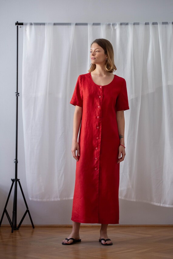 red linen button dress Red Linen Midi Shirt Dress: Button Down Tunic With Hood