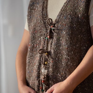 Hand Knit Marled Wool Sweater Vest in Taupe Brown for Women | Size L | Tie Front Handmade Knitted Upcycled Speckled Waistcoat NVS536