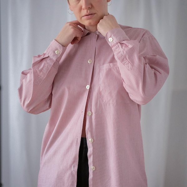 Camisa vintage italiana de algodón a rayas con botones: corte relajado, talla M