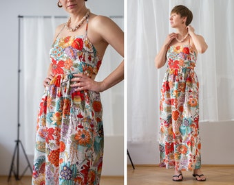 Vintage Colourful Floral Dress for Women | Size S - M | Aquatic Plant Halter Neck Open Back Maxi Sundress in White, Red, Lilac & Blue NVS411