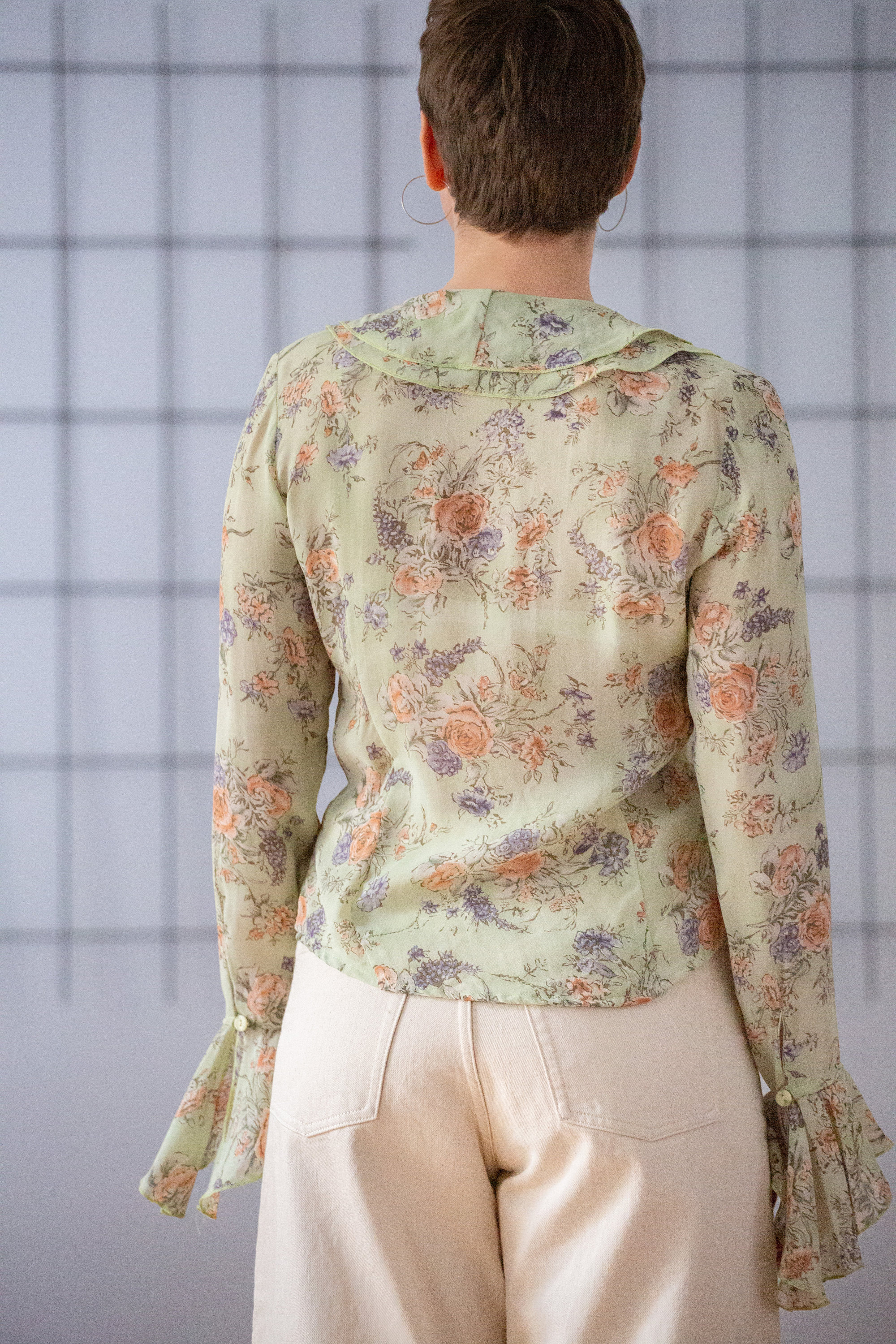 Vintage Y2K Floral Blouse: Pastel Green Sheer Ruffle Top