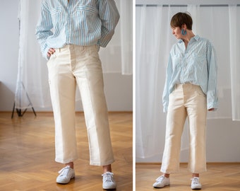 Vintage Utility Style Trousers in Off White for Women | Size M / EU 38 - 40 | Straight Leg Cropped Cotton Pants in Natural White NVS568