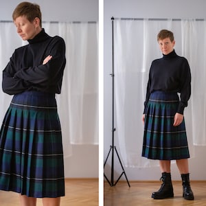 Vintage Virgin Wool Pleated Midi Skirt with Navy Blue & Green Plaid Pattern for Women | Size L | Below The Knee Length Winter Skirt NVS899