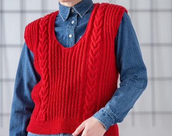 Vintage Hand Knit Wool Sweater Vest in True Red for Women | Size M - L | Ribbed Cable Knit Waistcoat. Handmade Sleeveless Jumper NVS1081