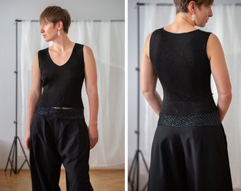 Vintage Shiny Fine Knit Top in Black with Metallic Thread & Beaded Net Panel for Women | Size S - M | Sleeveless V Neck Dressy Top NVS694