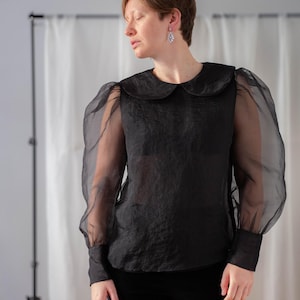 Vintage Tulle Blouse with Puffy Sleeves in Black for Women | Size M | Round Collar Sheer Mesh Shirt Top with Buttoned Back NVS1528