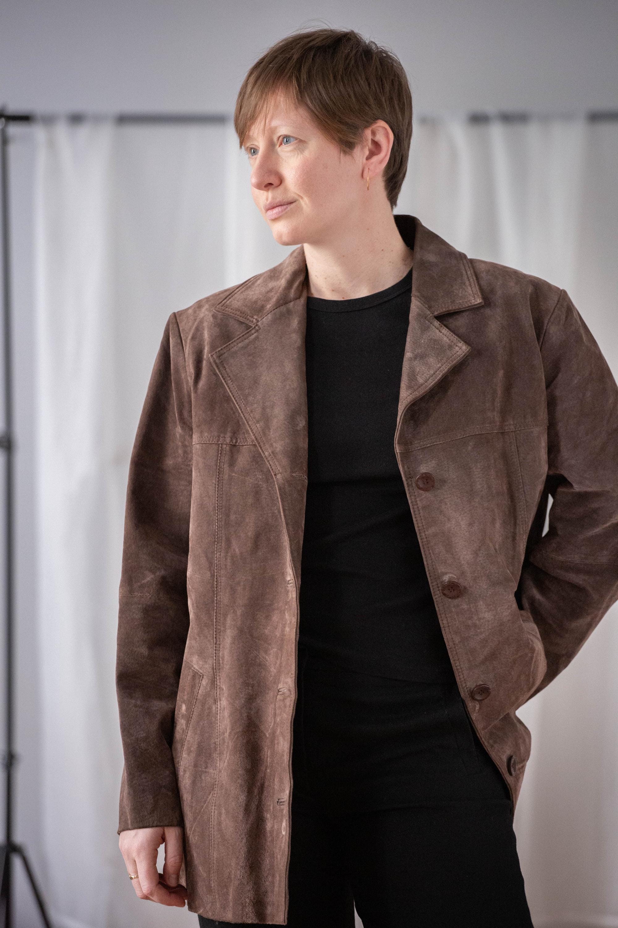 Manteau Blazer Long En Cuir Daim Marron Vintage - Femme - Fait Main Inde - Neuf Étiqueté