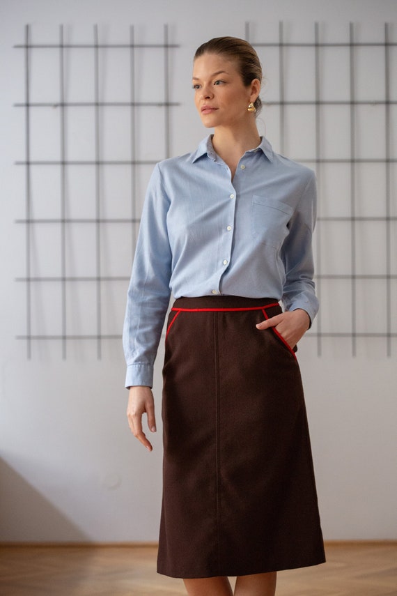 Vintage Pure Wool Midi Skirt in Chocolate Brown wi