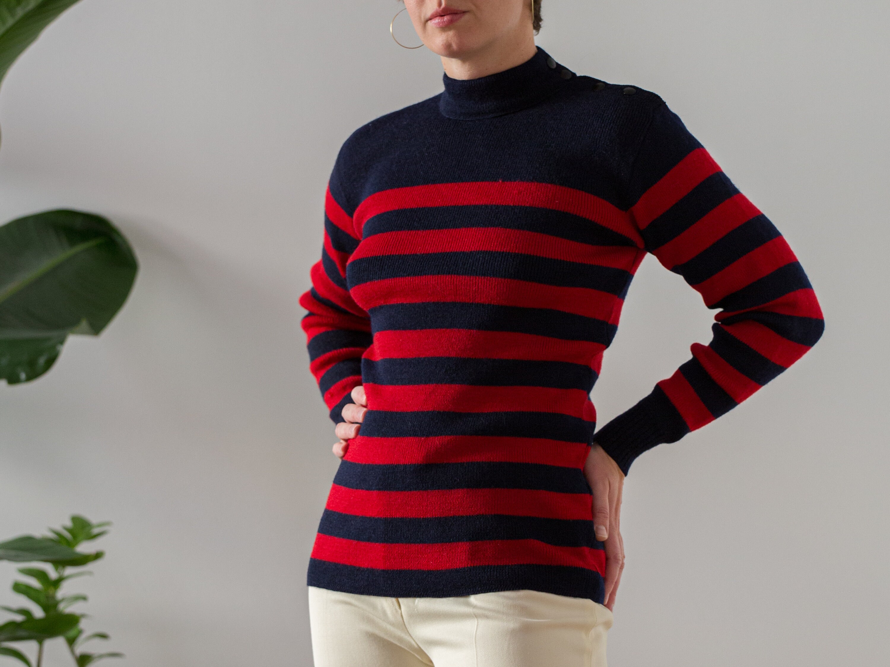 NorasVintageSilkShop Vintage Blue \u0026 Red Breton Stripe Jumper | Size S | Pure Wool. Navy and Red NVS168