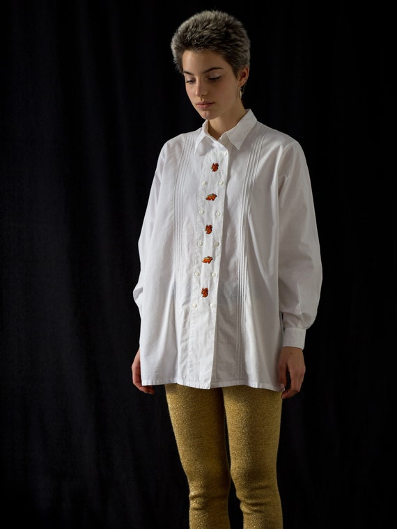 Vintage Folk Cotton Shirt in White with Squirrel … - image 8
