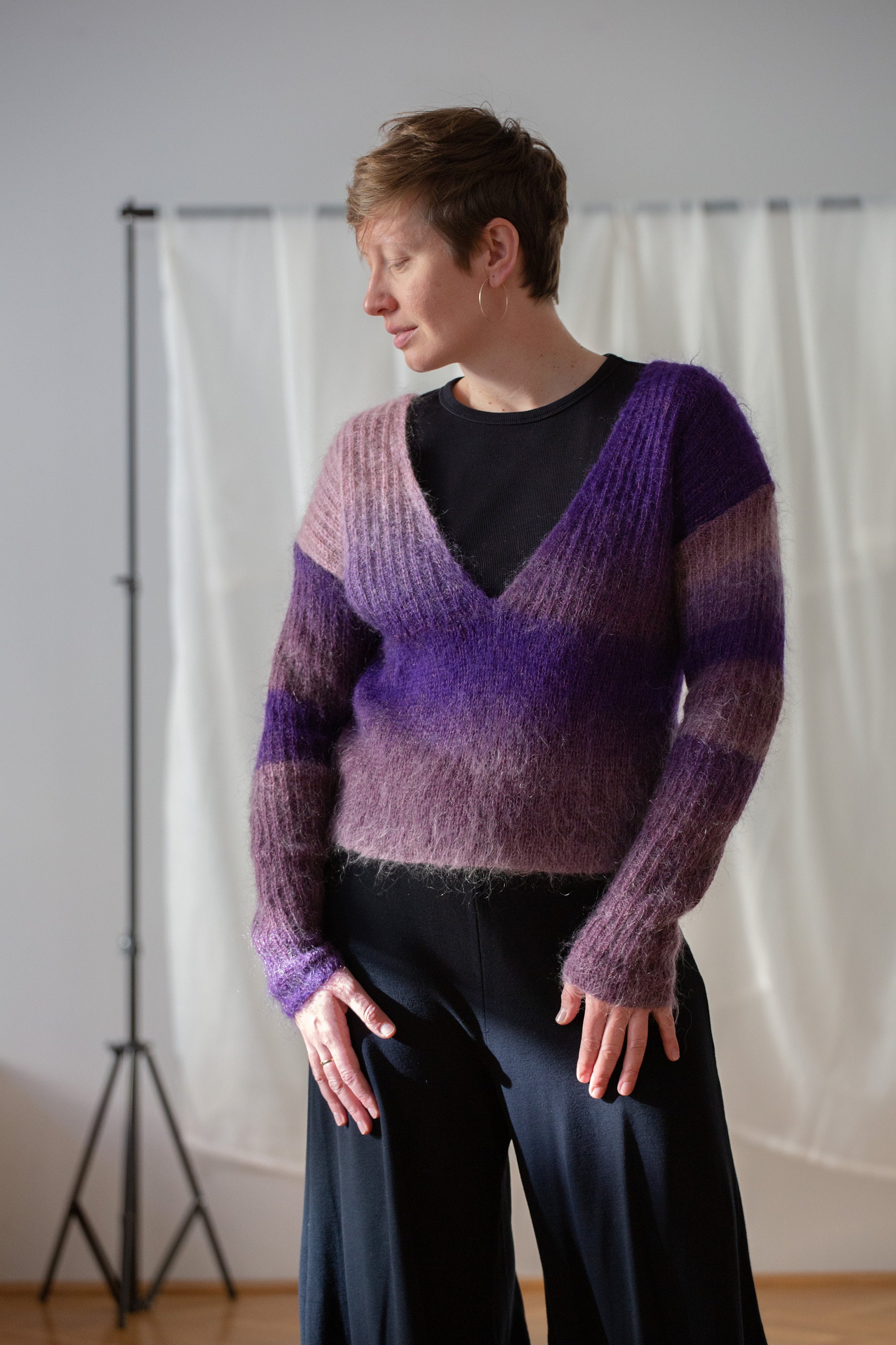 Vintage Ombré Knit Sweater in Purple for Women | Free Size | Hand Knit Deep V Neck Fuzzy Gradient Colourful Jumper Top NVS973