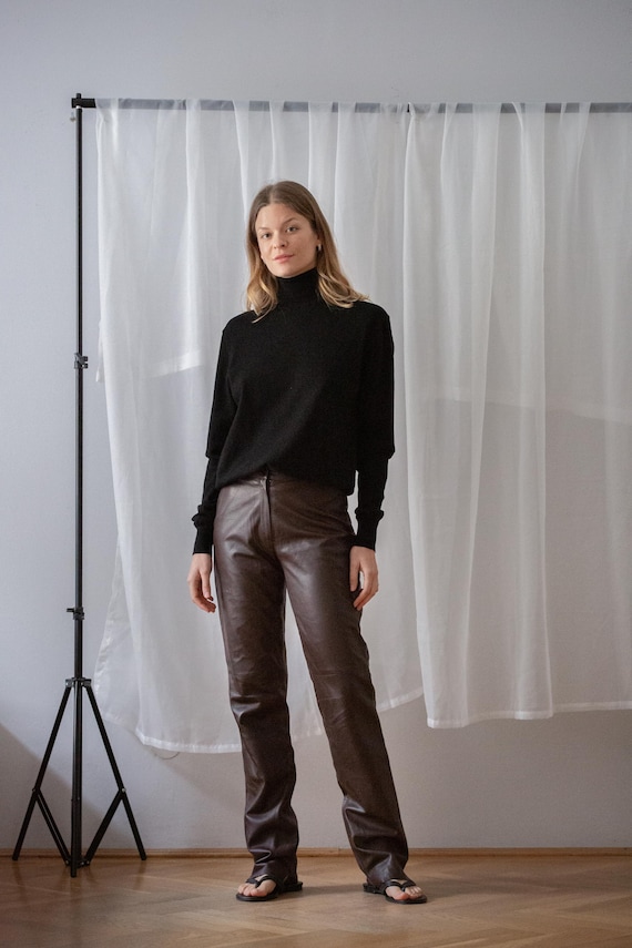 Vintage Lamb Leather Trousers: Dark Brown Leather Pants for Women (size XS tall)