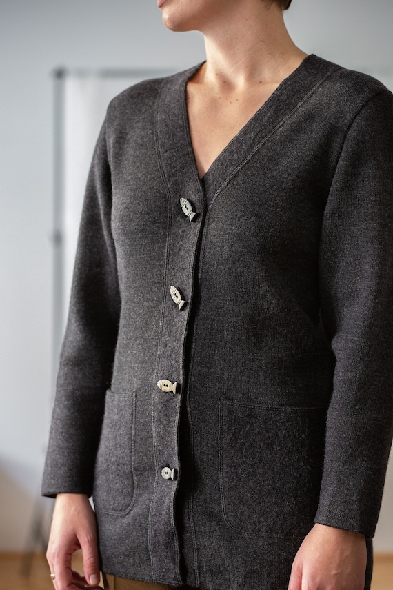 Vintage Saint James Wool Cardigan: Dark Grey V-neck Sweater With