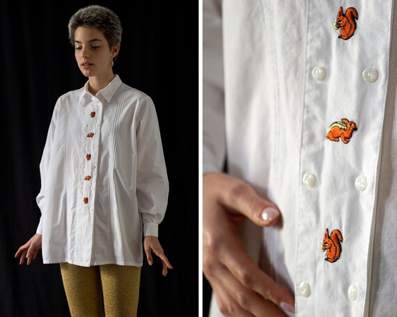 Vintage Folk Cotton Shirt in White with Squirrel … - image 1