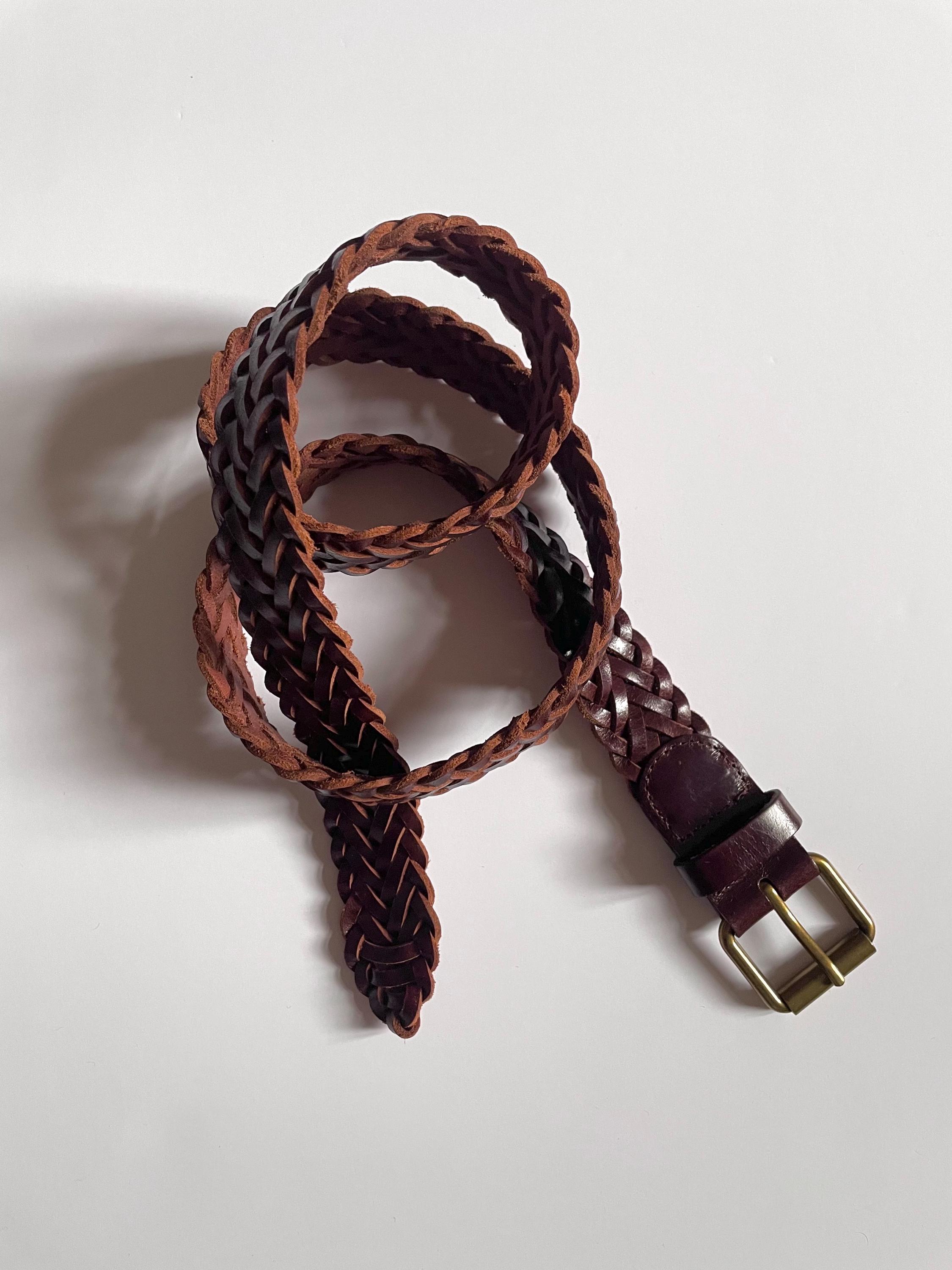 Vintage Braided Leather Belt in Dark Brown | Metallic Buckle Medium Wide Woven Belts. Gender Neutral Accessories & Gifts | Size L XL NVS1709