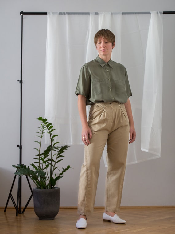 Vintage High Waist Cotton Summer Trousers in Beige for Women Size