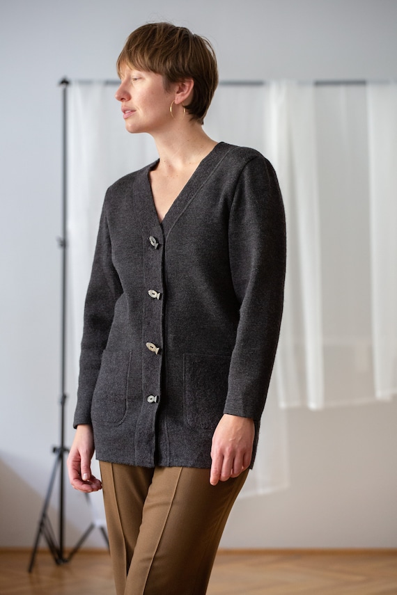 Vintage Saint James Wool Cardigan: Dark Grey V-neck Sweater Vintage Saint James Wool Cardigan: Dark Grey V-neck Sweater