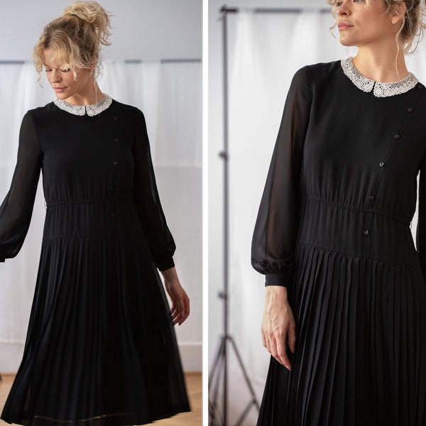 Vintage Black Formal Midi Dress with White Crochet Floral Lace Collar for Women | Size XS - S | Gothic Pleated Skirt Dress NVS695