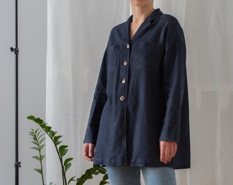 Leinenjacke / Arbeitsmantel im Vintage-Workwear-Stil in Marineblau für Damen | Größe S / EU 36 | Locker sitzende Frühlings-Sommer-Jacke mit Knöpfen NVS235