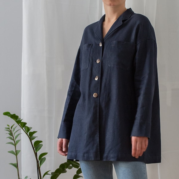 Veste en lin/manteau de corvée de style workwear vintage en bleu marine pour femme | Taille S / UE 36 | Veste boutonnée coupe ample printemps-été NVS235