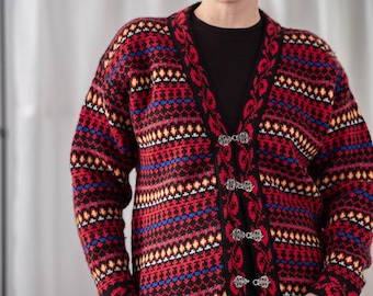 Vintage Dale of Norway Wool Cardigan: Red Nordic Knit Jumper, Size M