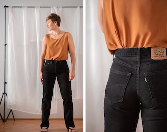 Vintage Levi's 551 Jeans in Black for Women | Size 27" | 1990s High Waist Straight Cotton Denim Trousers Pants. Made in Hungary NVS841