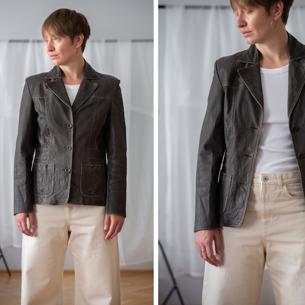 Vintage Nappa Leather Jacket in Faded Dark Brown for Women | Size M / EU 38 | Single Breasted Worn Effect Genuine Leather Blazer NVS693