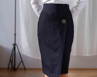 Saia lápis vintage coreana de lã: azul-marinho, cintura alta, midi, tamanho PP