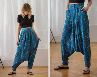 Vintage KENZO Harem Pants with Paisley & Floral Print | Size XS | Azure Blue Long Baggy Boho Hippie Festival Trousers for Women NVS402