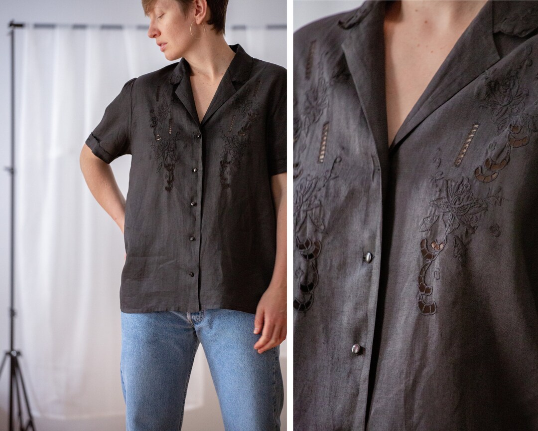 Linen Blend Button-Front Blouse with Embroidery